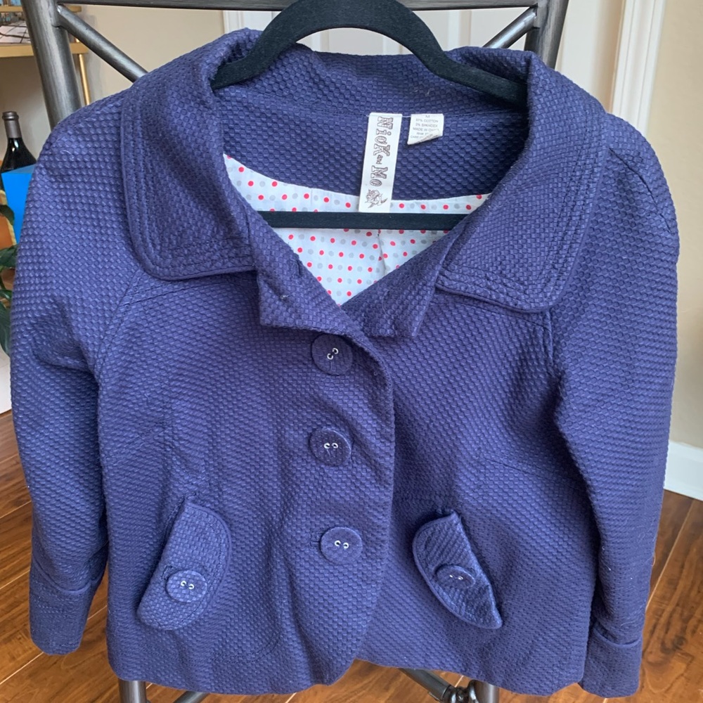 Navy cropped jacket with polka dot lining